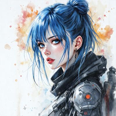 The primary subject of the image is a woman with blue hair, wearing a black outfit and a blue bow in her hair. She is the main focus of the image. The setting is a colorful background, which adds a vibrant and lively atmosphere to the scene. The visual style is a combination of digital art and illustration, creating a unique and eye-catching image. The colors and mood of the image are predominantly blue, which adds a sense of calmness and tranquility to the scene.